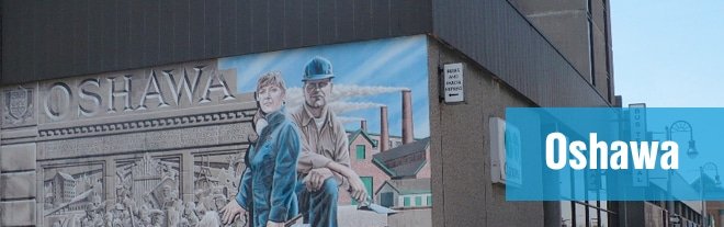 A mural on a building alludes to the industrial legacy of Oshawa